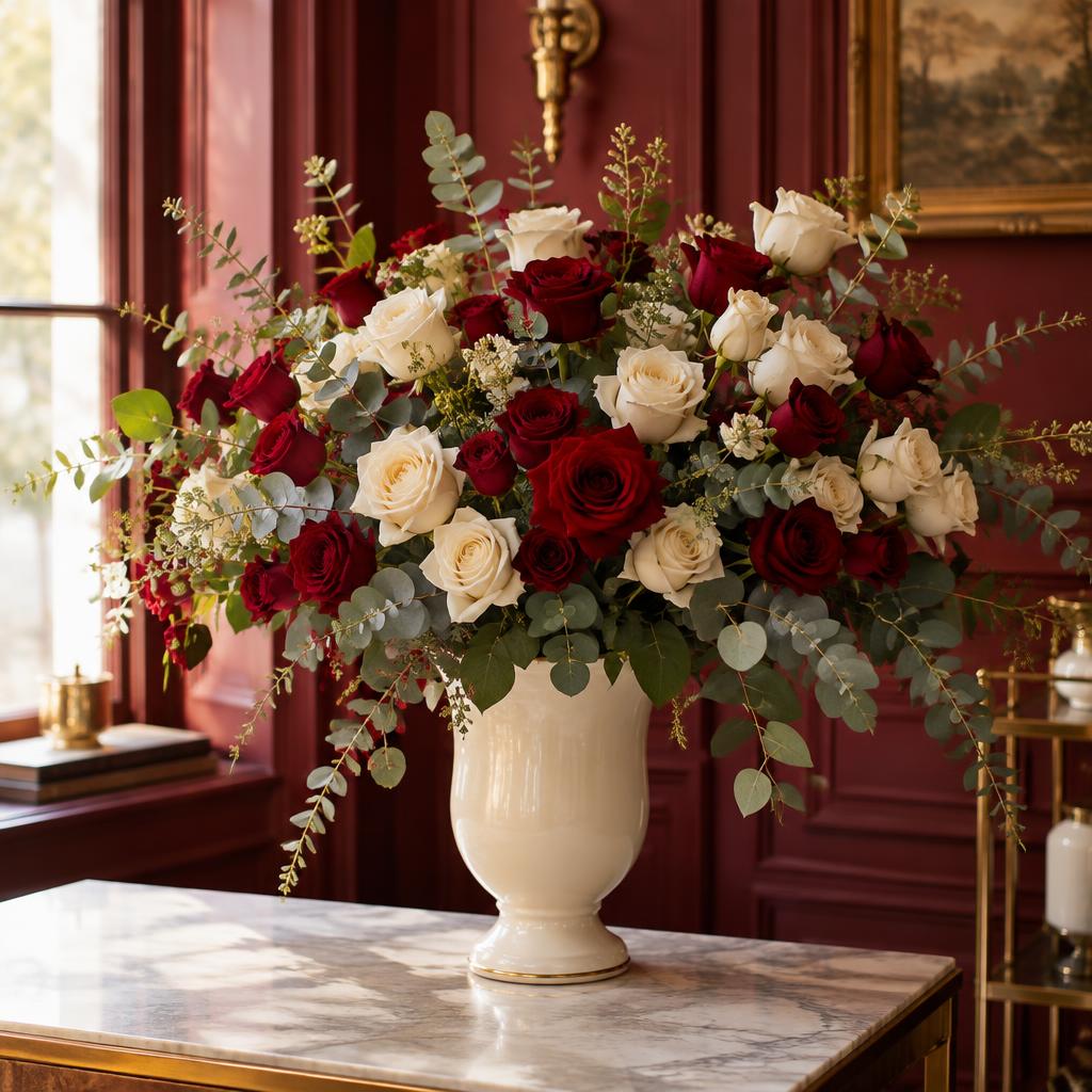 Bouquet de roses rouges et ivoire
